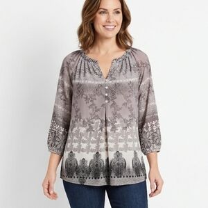 New Directions Women's Size L Boho Paisley Blouse 3/4 Sleeve Gray Black Cream